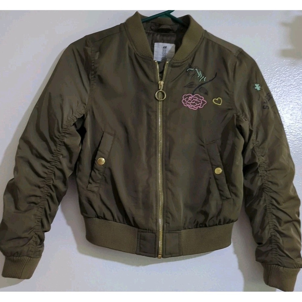 H&M Girls Jacket Graphic Graffiti Print Size 9-10 Girls Army Green Unicorn‎
